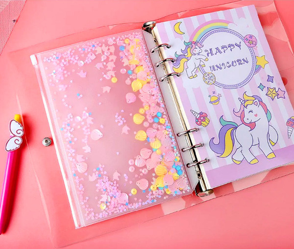 A5 Glitter Sequins PVC Loose Leaf File Bag with Zipper Document File Folder Bag Clear Plastic Envelope Planner Pink Zipper Pouch